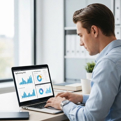 Personne travaillant sur un ordinateur portable, optimisant le SEO avec des graphiques de performance