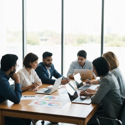 Groupe de personnes discutant de stratégies marketing autour d'une table, avec des graphiques et des ordinateurs portables