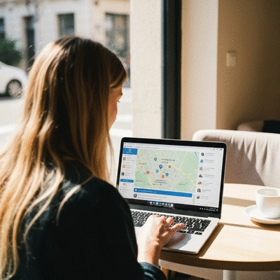 Person using a laptop to research local businesses in Avignon