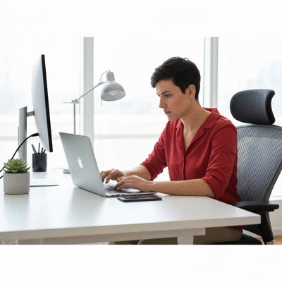 Person using a laptop to manage social media, with a modern, clean setup