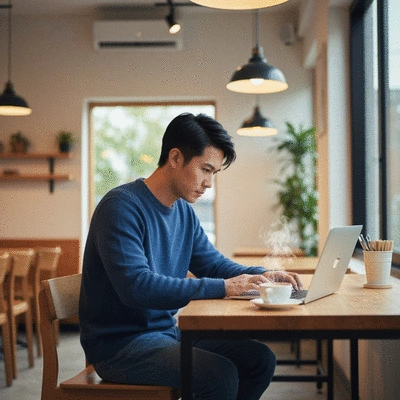Freelancer working on a laptop in a cafe, showing flexibility and remote work