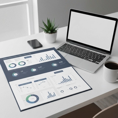 Detailed SEO audit report with charts and graphs on a modern desk