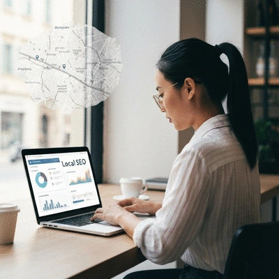 Person using a laptop to research SEO strategies for a local business in Avignon, France, with a map of Avignon in the background