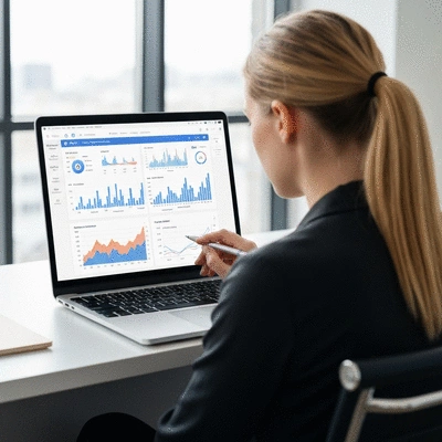 Person reviewing website analytics on a laptop, showing graphs and data