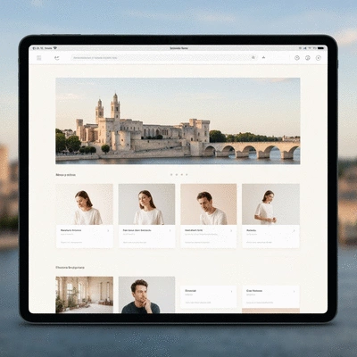 Modern website interface on a tablet, with Avignon city background slightly blurred