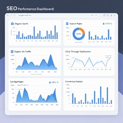Digital dashboard displaying SEO performance metrics with graphs and charts, showing Google Analytics and Search Console data, no text, no words, no typography, clean image
