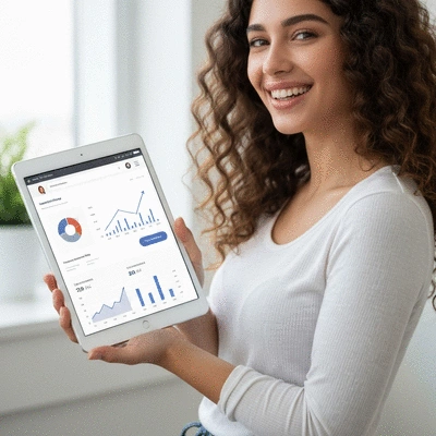 A person holding a tablet showing a responsive website, surrounded by charts and graphs indicating increased traffic and conversion rates, clean image, no text, no words, no typography