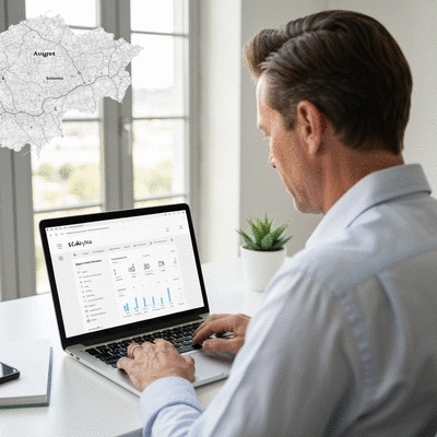 Person using a laptop to view SEO analytics, with a map of Avignon in the background, clean image, no text, no words