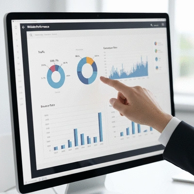 Graphiques et tableaux montrant des données de performance web (trafic, conversions, taux de rebond), avec une main pointant sur un écran, no text, no words, no typography, clean image