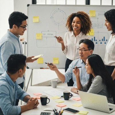 Diverse team collaborating on UX design and digital marketing strategies in a modern office