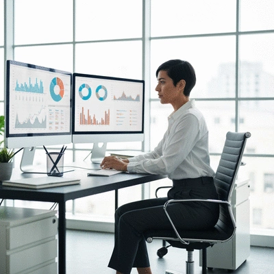 Digital marketing professional analyzing data on multiple screens, showing charts and graphs, clean modern office, no text, no words, no typography, clean image