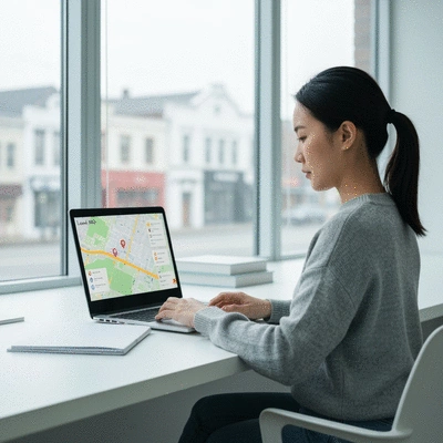 Person using a laptop with a map on screen, representing local SEO
