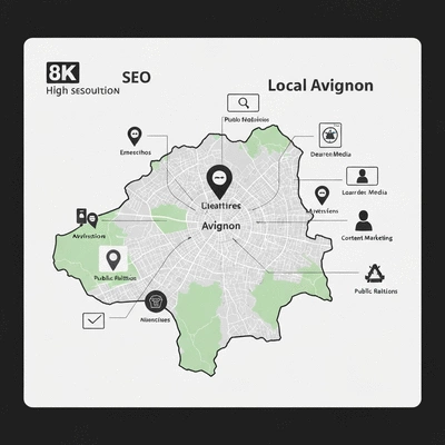 Représentation visuelle d'une stratégie SEO locale avec une carte d'Avignon