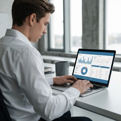 Person using a laptop to analyze SEO data with charts and graphs on screen, representing digital marketing