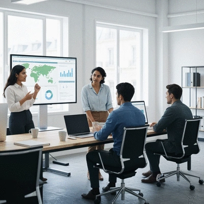 Personnes collaborant dans un bureau moderne, représentant une agence SEO locale à Avignon, avec des cartes et des graphiques