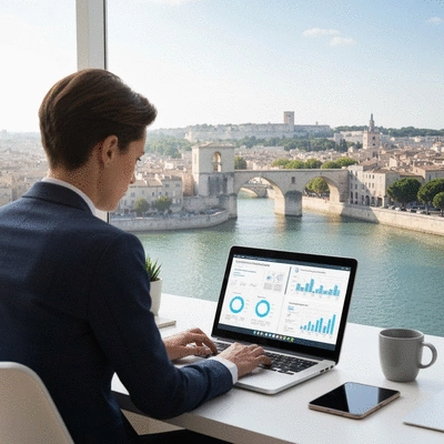 Business owner using a laptop to manage online presence, with Avignon cityscape in the background, no text, no words, no typography, 8K