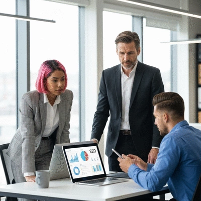 Business people discussing SEO strategy in a modern office