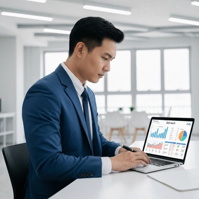 Professional conducting an SEO audit on a laptop with charts and graphs, clean modern office, no text, no words, no typography, 8K