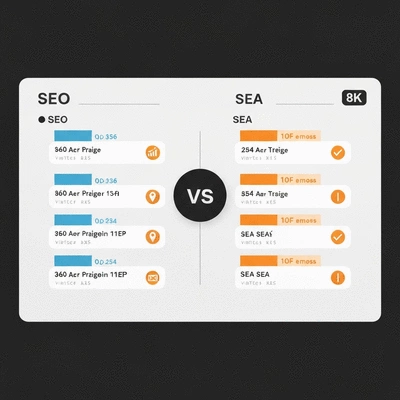 A visual chart comparing SEO and SEA strategies with key differences highlighted