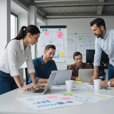 Professional web agency team collaborating on a digital marketing strategy, using laptops and whiteboards in a modern office, no text, no words, no typography, clean image