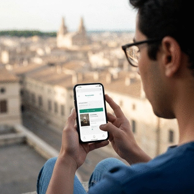 Person using a smartphone to browse a website, demonstrating a responsive design, with a blurred background of Avignon