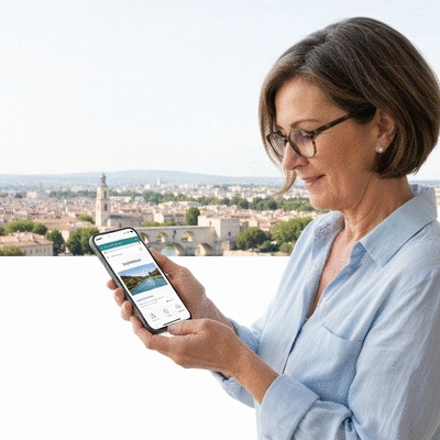 Personne utilisant un smartphone avec un site web optimis&eacute; affich&eacute;, Avignon en arri&egrave;re-plan