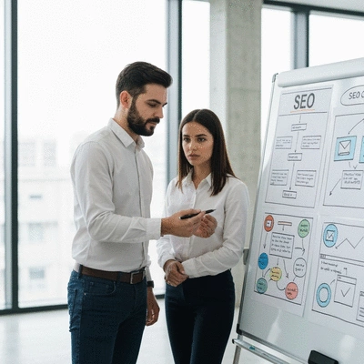 Deux professionnels discutant de stratégies SEO devant un tableau blanc avec des schémas, ambiance de bureau moderne, no text, no words, no typography, 8K, clean image