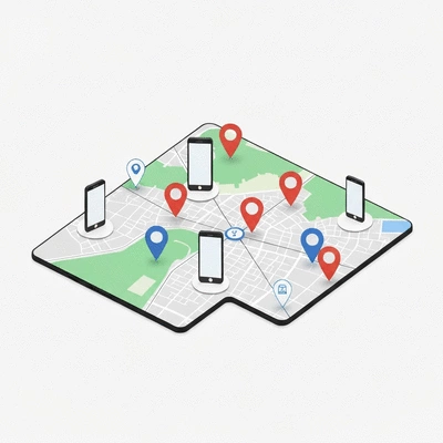 Illustration d'une carte d'Avignon avec des ic&ocirc;nes de localisation et des appareils mobiles connect&eacute;s