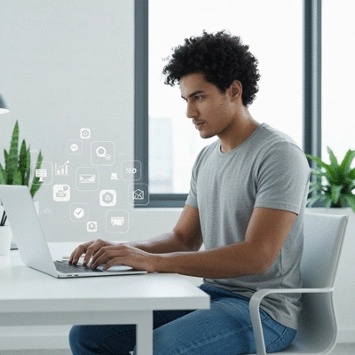 Personne travaillant sur un ordinateur portable, avec des icônes de SEO et de marketing digital