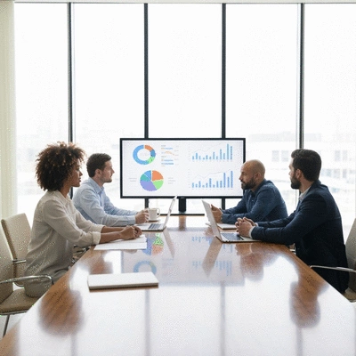 Professional team collaborating on a digital marketing strategy, with charts and graphs on a screen