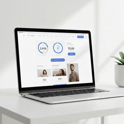 Un site web se chargeant rapidement sur un ordinateur portable, avec des indicateurs de performance SEO