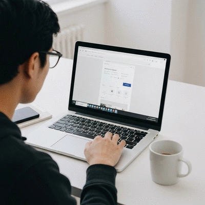 Person using a laptop to manage a WordPress website, showing a clean dashboard on screen, with a coffee cup nearby, natural light, no text, no words, no typography, 8K