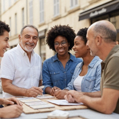 Diverse small business owners in Avignon, France, smiling and interacting with customers, representing success and growth, no text, no words, no typography, clean image