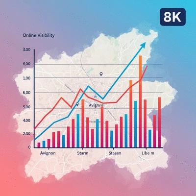Graphique de croissance de la visibilité en ligne pour une entreprise locale, avec une carte d'Avignon en arrière-plan