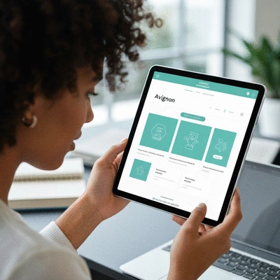 Personne utilisant une tablette avec un site web affiché, symbolisant la visibilité en ligne