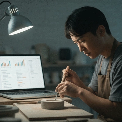 Artisan travaillant sur un projet avec des outils et un ordinateur en arrière-plan
