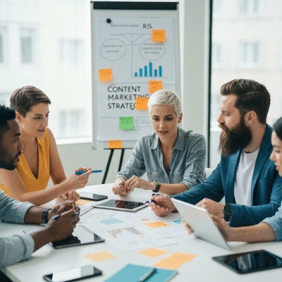 Équipe d'agence digitale collaborant sur une stratégie de marketing de contenu