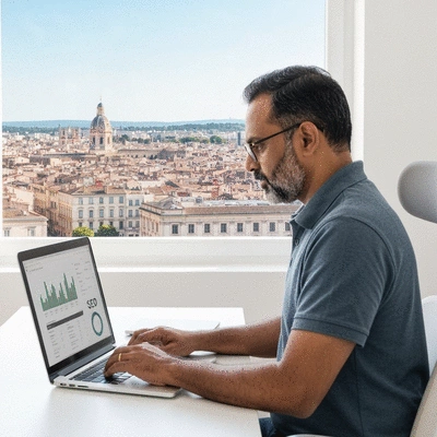Person using a laptop analyzing SEO data with Avignon cityscape in the background