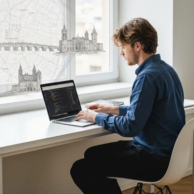Webmaster working on a laptop with Avignon map overlay