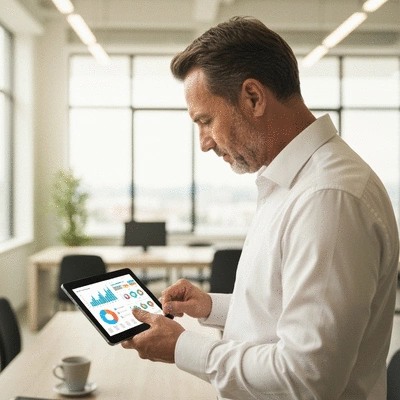 Person using a tablet to analyze digital marketing data, showing charts and graphs, in a modern office setting
