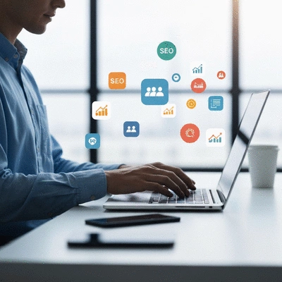 Personne travaillant sur un ordinateur portable avec des icônes de marketing numérique flottant autour