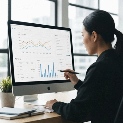 Person analyzing SEO data on a computer screen, showing graphs and metrics