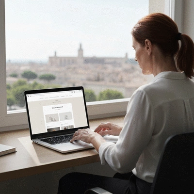 Personne travaillant sur un ordinateur portable, montrant un design de site web moderne et optimisé, avec un arrière-plan flou d'une ville (Avignon), no text, no words, no typography, clean image
