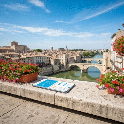 Avignon cityscape with a smartphone displaying social media statistics