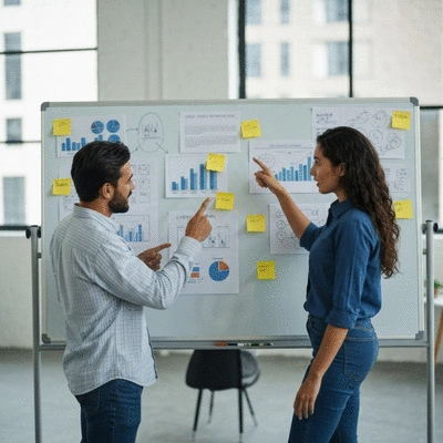 Deux personnes discutant de stratégies SEO devant un tableau blanc avec des notes et des graphiques, ambiance collaborative.