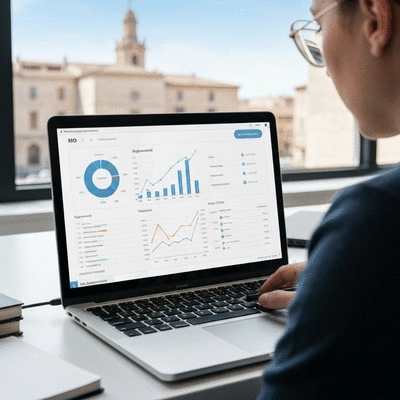 Person analyzing SEO data on a laptop, showing charts and graphs, in a modern office environment in Avignon