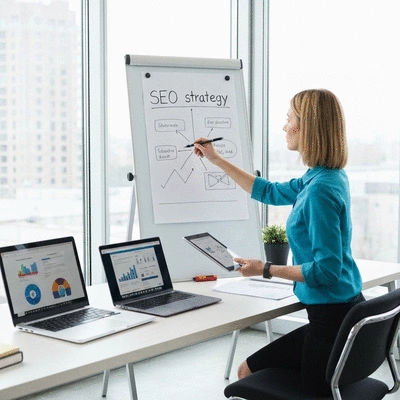 Modern workspace with a person planning SEO strategy on a whiteboard, surrounded by digital tools, no text, no words, no typography, clean image