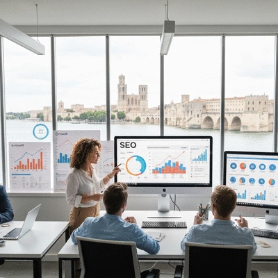 Modern office setting with people collaborating on SEO strategy, showing growth charts and Avignon landmarks in the background, no text, no words, no typography, clean image