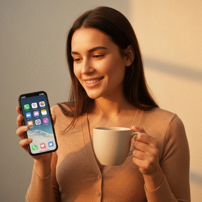 Person using a smartphone with social media icons floating around