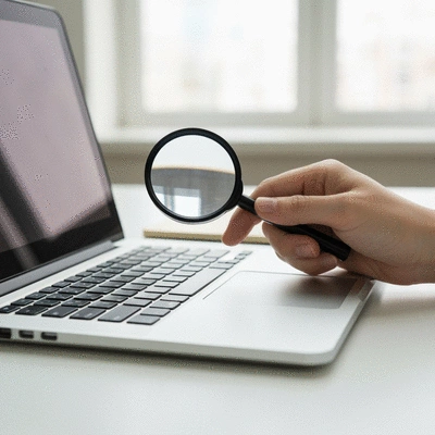 Main tenant une loupe au-dessus d'un clavier d'ordinateur portable, symbolisant l'analyse de données